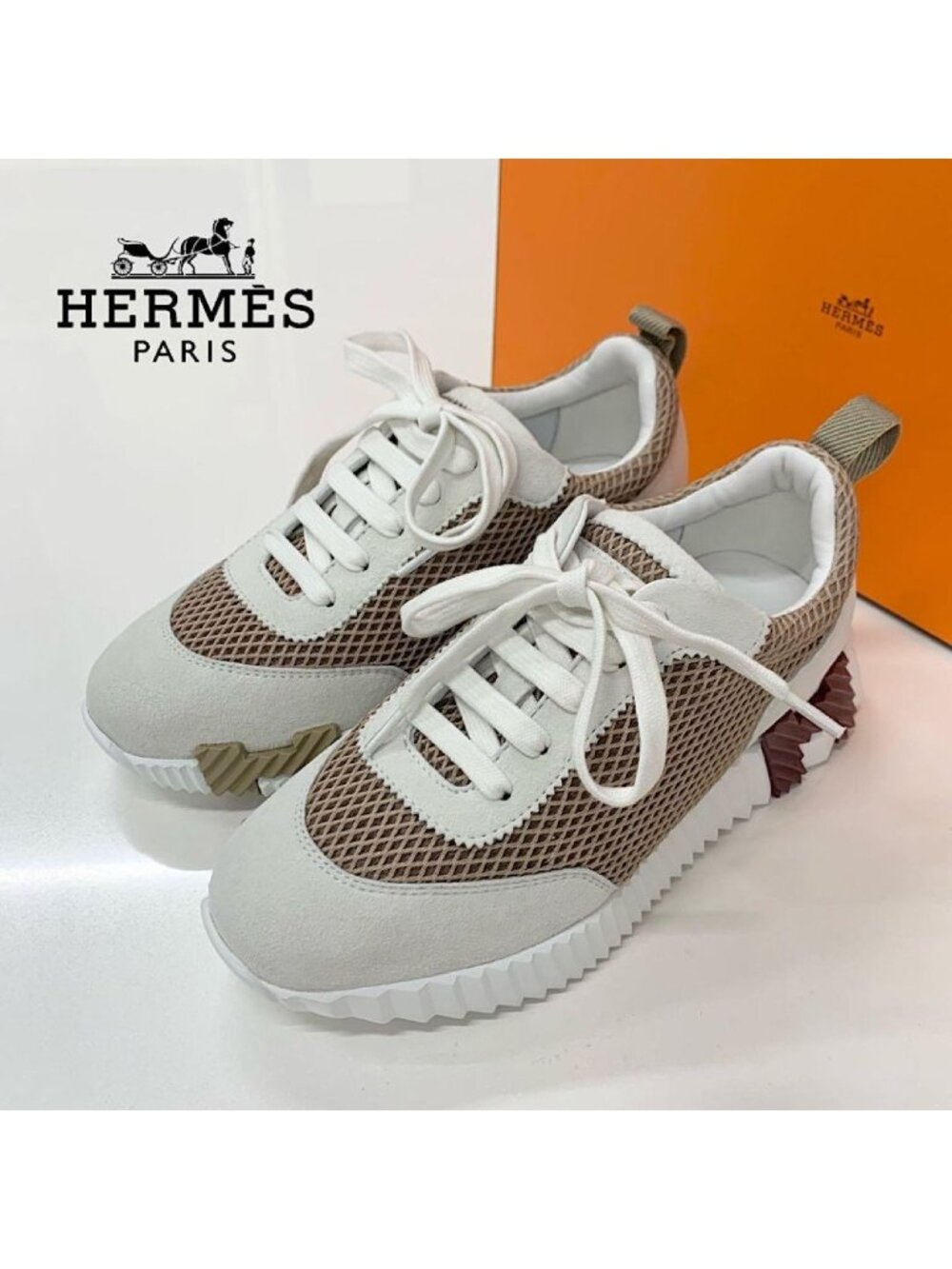 Hermes Bouncing Fabric Suede Sneakers Beige